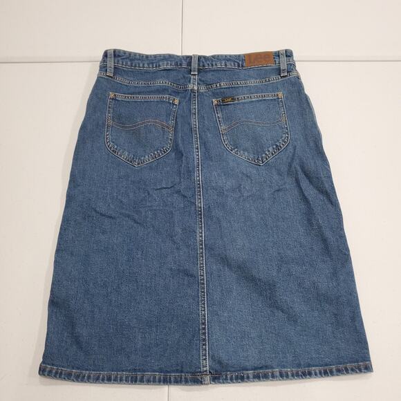Lee Denim Skirt Womens 8 Blue Button Front A-Line Midi Stretch 5 Pocket Cowgirl - Picture 2 of 9